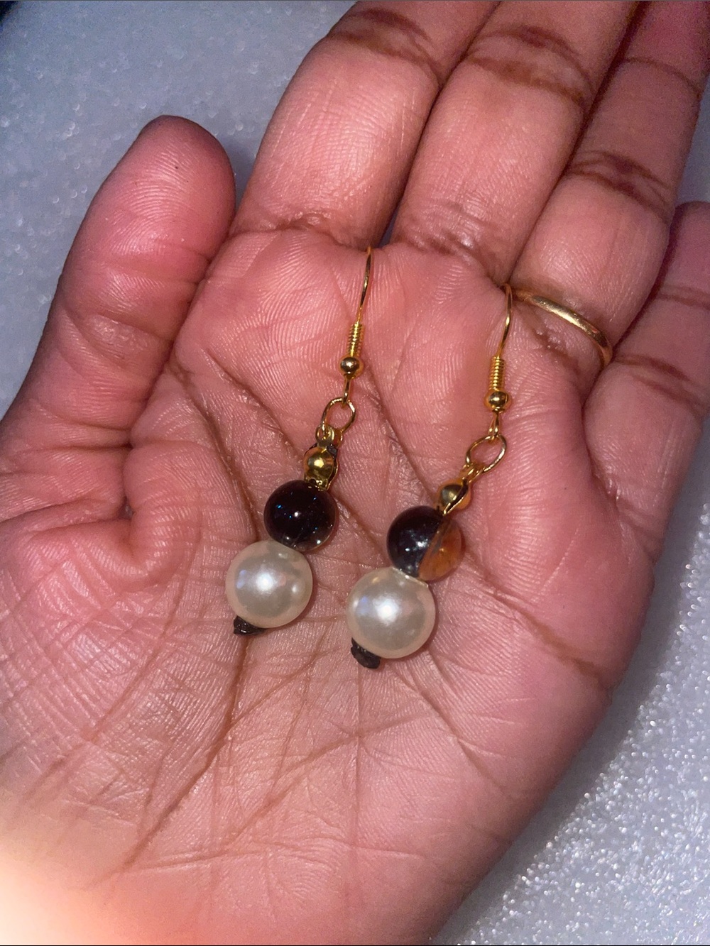 Gold Pearl & Amber Bead Drop Earrings